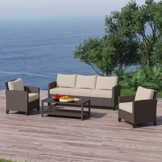 RoyalCraft Outdoor Patio Furniture Set, 4 Piece Outdoor Rattan Sofa Set, All Weather Wicker Conversation Set with Coffee Table for Porch Backyard Garden, Khaki