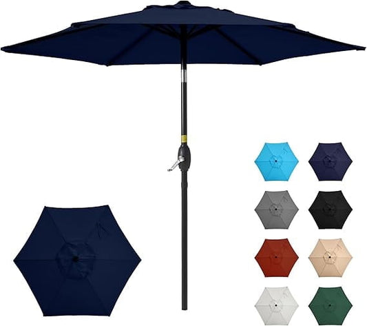 7.5ft Outdoor Patio Umbrella, Patio Umbrella, Market Umbrella, Luxury Metal Pole Umbrella with Push Button Tilt and Crank, 6 Ribs, Polyester Canopy