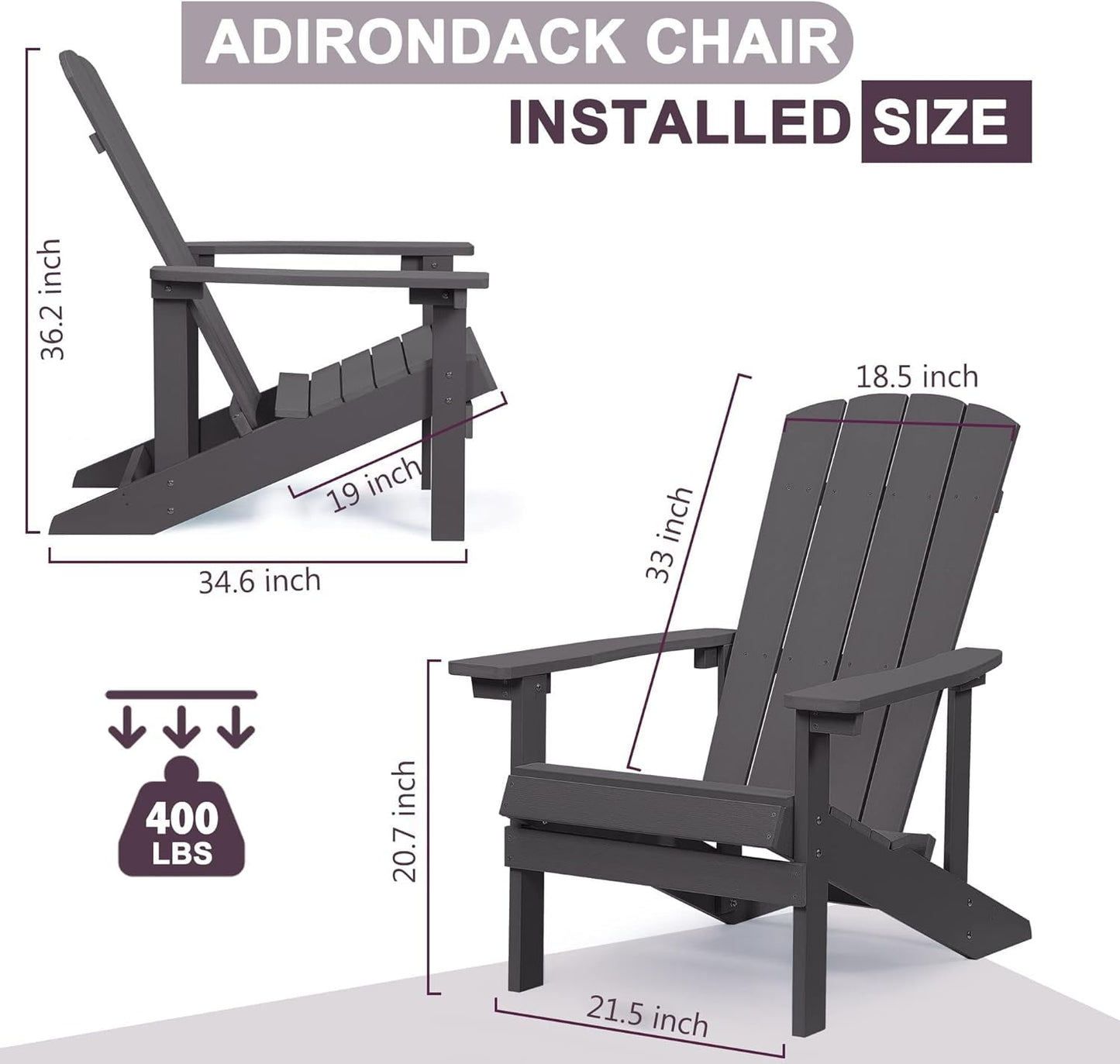 Royalcraft Adirondack Chairs, Weather Resistant Hips Plastic Fire Pit Chairs, Modern Poly Adorondic Outside Chairs, 350 LBS Adirondack Chair for Easy Assembly, White
