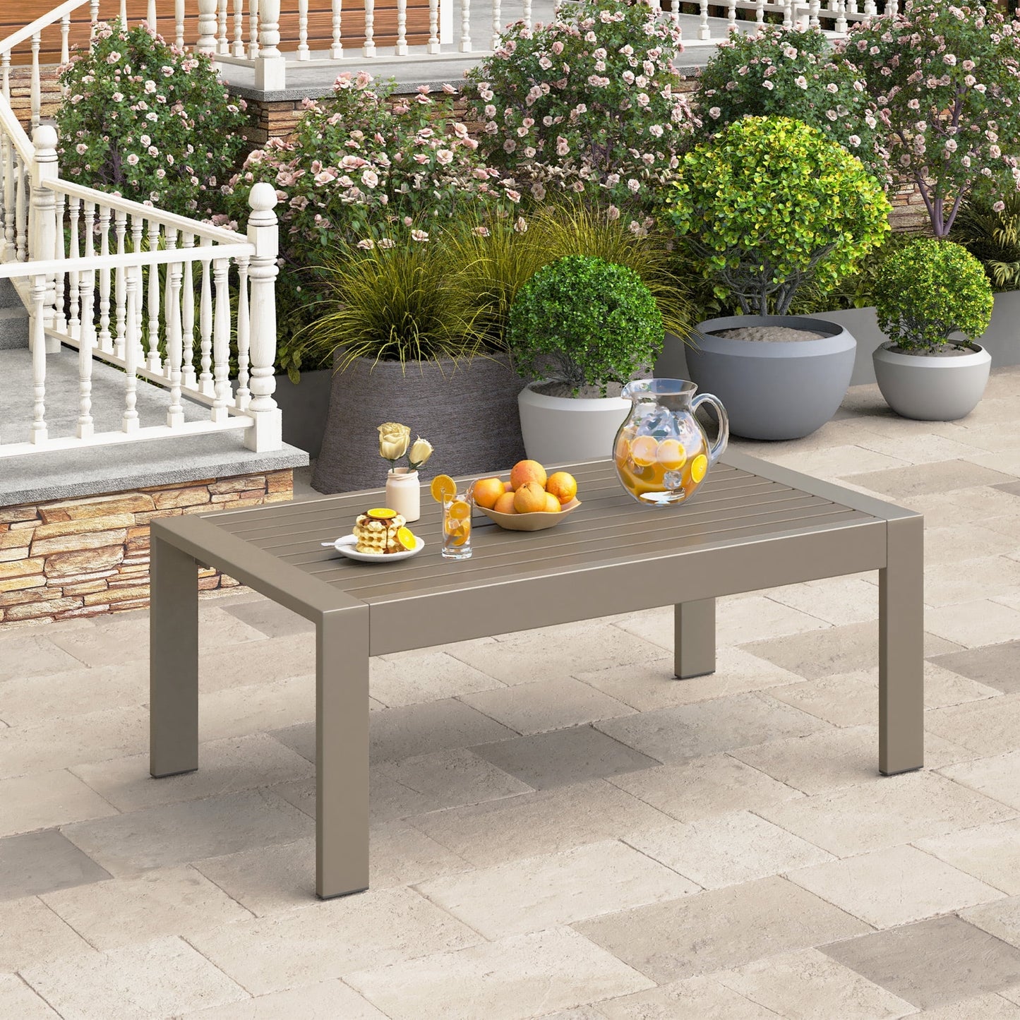 RoyalCraft Outdoor Furniture Patio Coffee Table, Ourdoor Rectangle Coffee Table, All-weather Outdoor Metal Coffee Table for Balcony, Garden, Deck, Backyard, Beige