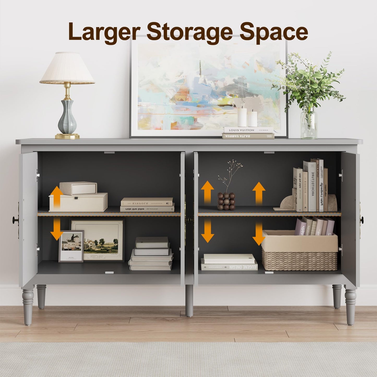 May in Color Mid Century Modern Sideboard with 4 Doors and Adjustable Shelves, Console Table for Entryway, Dining Room, Living Room, Grey Oak