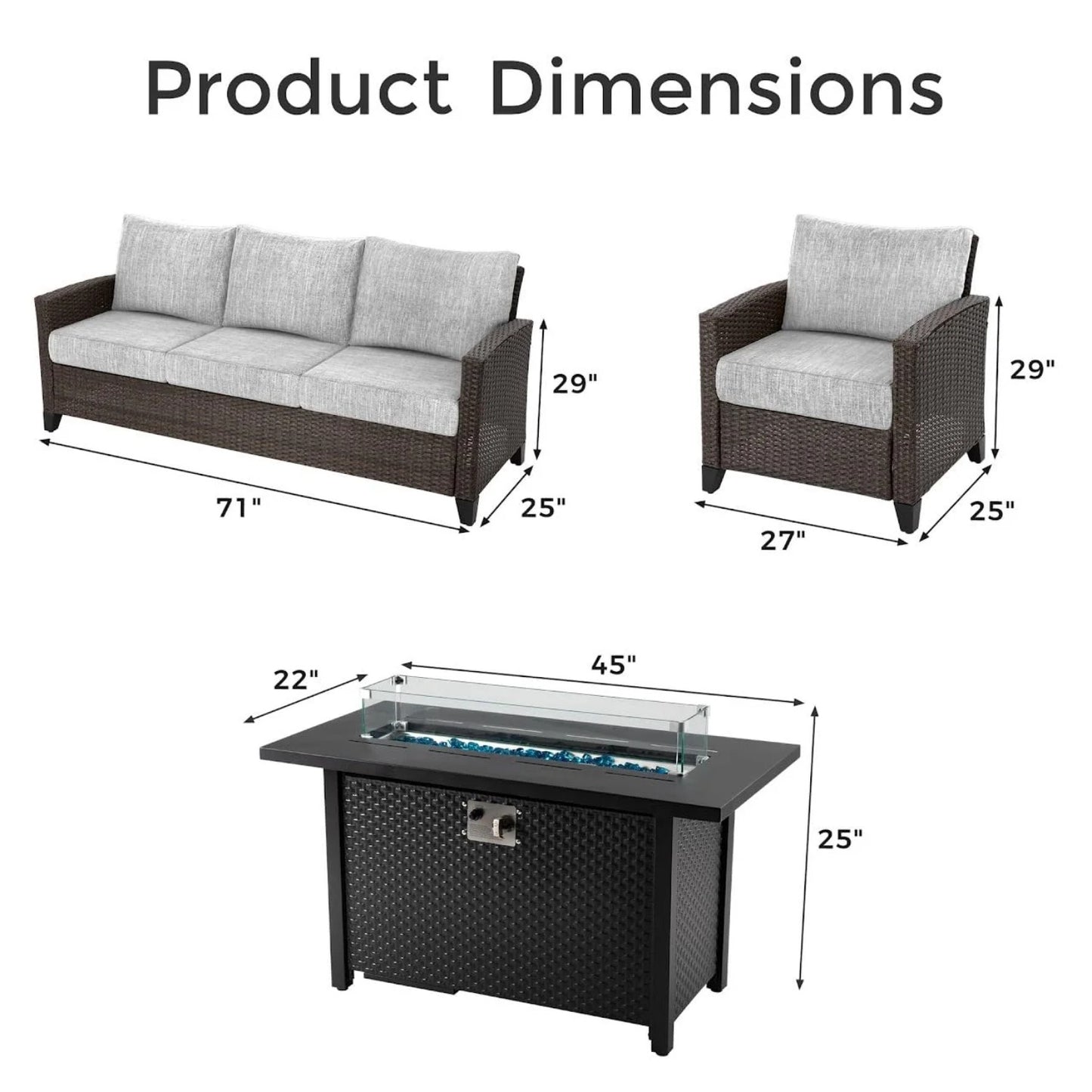 RoyalCraft Outdoor Patio Furniture Set, 4 Piece Outdoor Rattan Sofa Set, All Weather Wicker Conversation Set with Fire Pit Table for Porch Backyard Garden