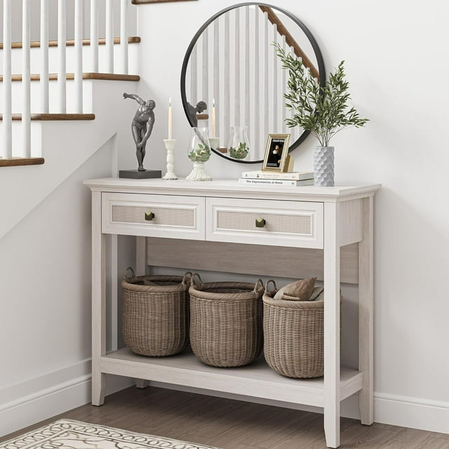 Royalcraft Rattan Console Table, Boho Entryway Table with Widened Tabletop & 2 Spacious Drawers, Farmhouse Sofa Table with Storage Shelf, Foyer Table for Living Room, Hallway, Entryway, Grayish White