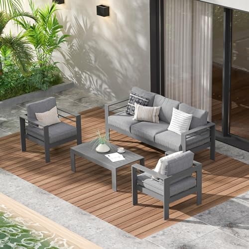 Mayincolor Aluminum Outdoor Patio Furniture Set, Modern Patio Conversation Sets, Outdoor Sectional Metal Sofa with 5 Inch Cushion and Coffee Table for Balcony, Garden, Dark Grey
