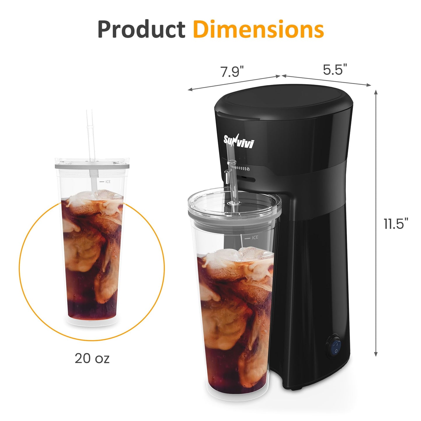 Royalcraft 20 Oz Iced Coffee Maker for Ground Coffee, Cold Brew Tea Maker with Reusable Coffee Filter and Insulated Pitcher, Single Serve Machine for Home, Strength Control for Flavor, Black