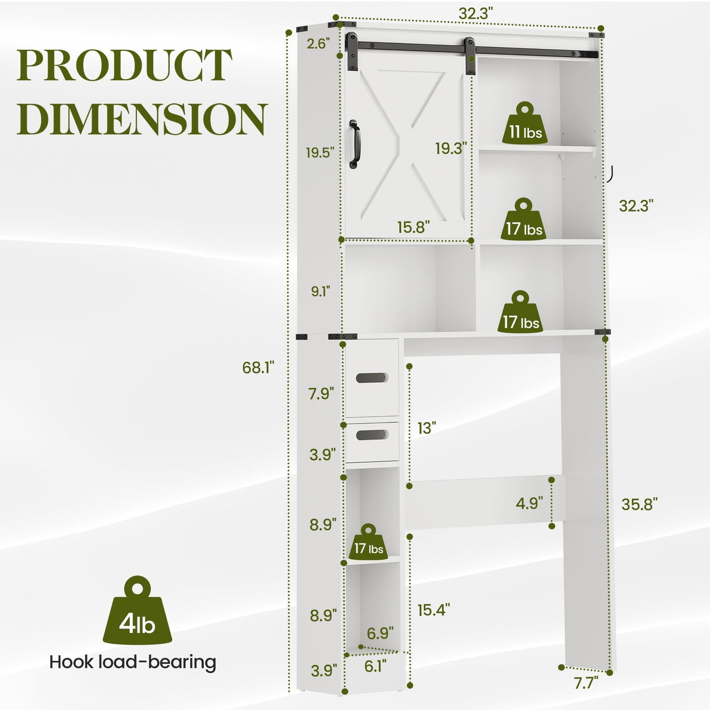 Superjoe Over The Toilet Storage Cabinet, Farmhouse Storage Cabinet Over Toilet with Sliding Barn Door, Home Space-Saving Toilet Rack, Behind Toilet Bathroom Organizer for Bathroom, White