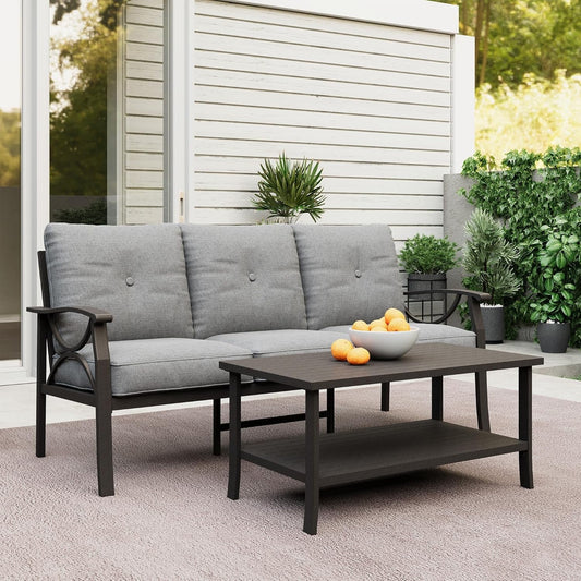 Royalcraft Metal Outdoor furniture set, All-Weather Metal Patio 3-seat Sofa with Coffee table, Patio Sofa set for Porch Backyard Garden, Grey