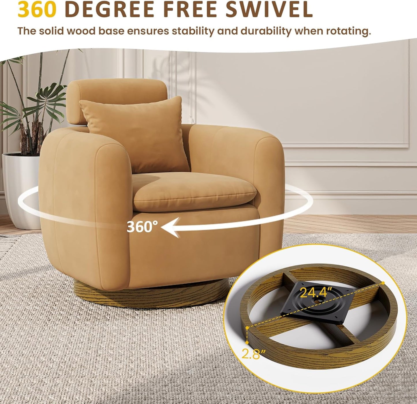CozyHome Oversized Swivel Barrel Chair, 360° Accent Chair with Solid Wood Base, Comfy Upholstered Sofa Chair with Adjustable Headrest, Mid Century Modern Armchair for Living Room, Camel Brown