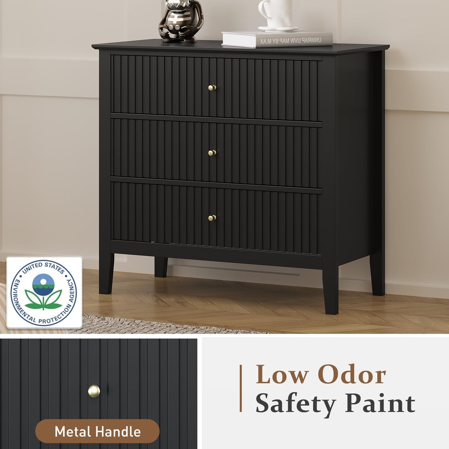 32" Black Fluted Dresser Nightstand, Wide Modern 3 Drawer Wooden Chest, Large Painted Storage Cabinet, for Bedroom, Closet, Hallway, Entryway