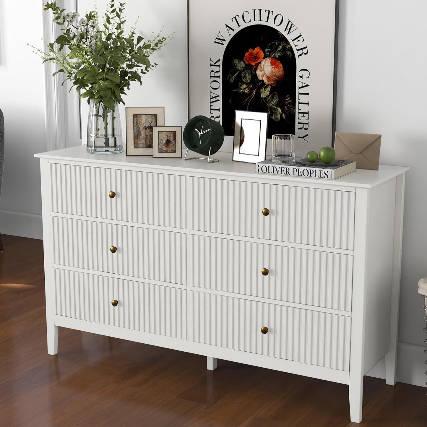 Superjoe 6 Drawer White Dresser Set of 2 for Bedroom, Modern Storage Chest w/Silent Slide & Waterproof Lacquered Desktop, Wood Side Organizer Cabinet for Living Room, Study Room, Nursery