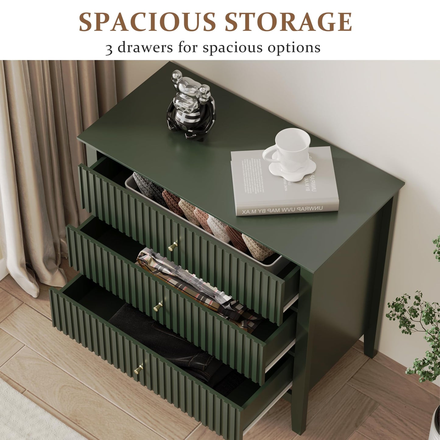 Mayincolor Large Fluted 3 Drawer Dresser, Wide Chest of Drawers with Modern Nightstand Cabinet Wood Dresser with Spacious Storage for Bedroom, Hallway, Living Room, Entryway, Green