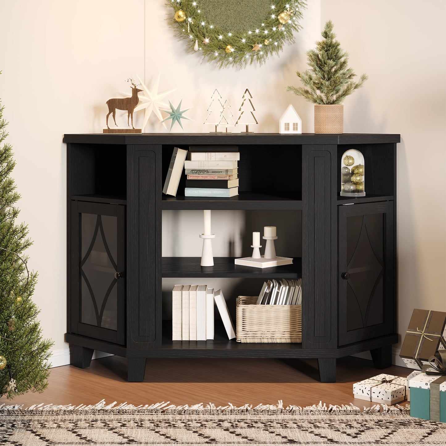 RoyalCraft Corner TV Stands for TVs up to 55'', Media Console Table with Adjustable Shelves, Acrylic Doors with Double-Diamond Design, Wood Modern Entertainment Center for Living Room Bedroom, Black