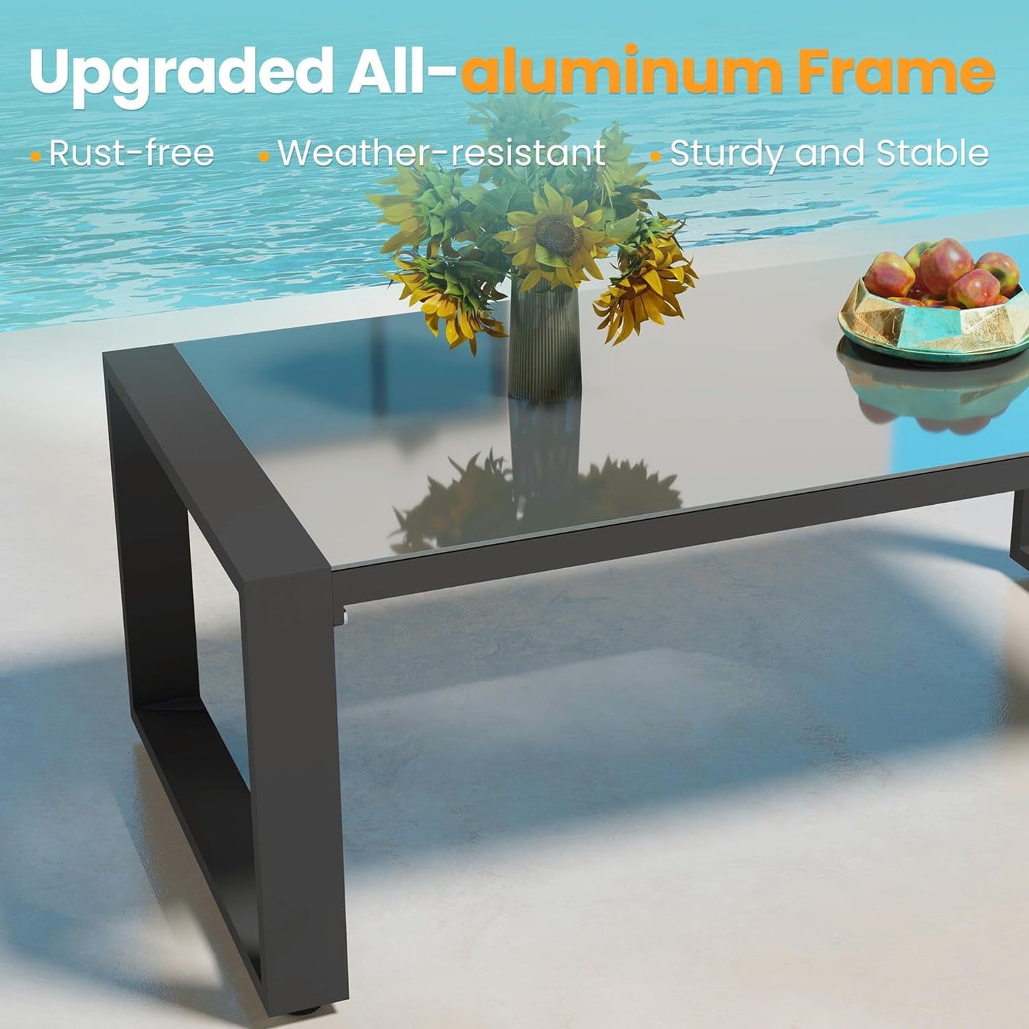 Royalcraft Aluminum Outdoor Coffee Table, All-Weather Metal Rectangular Patio Side Table with Tempered Glass Top, Patio Tables for Porch Backyard Garden, Grey