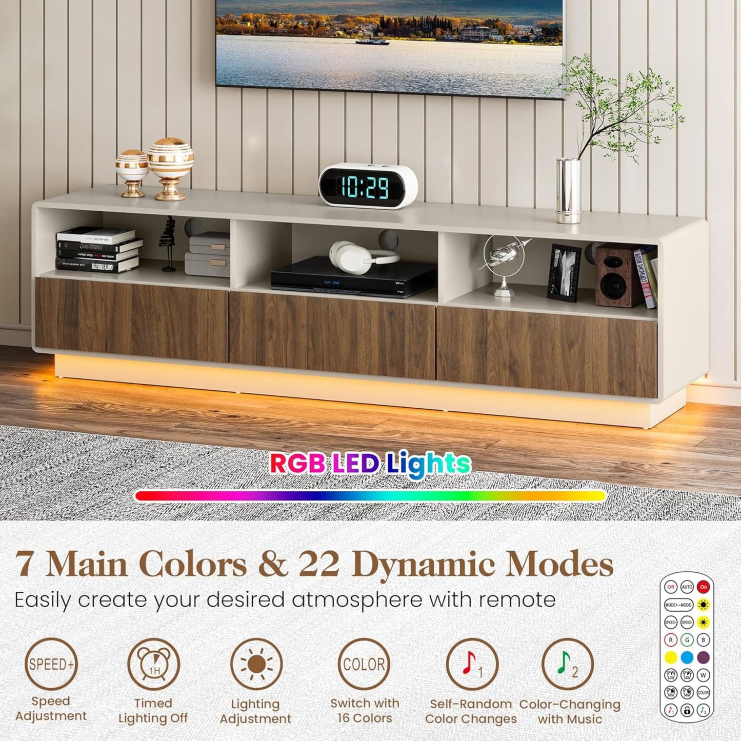 CozyHome 70" Large TV Stand with Storage and Led Lights, Console Table with 3 Drawers, TV Entertainment Center for up to 75" Television, Wood TV Media Cabinet for Living Room Bedroom, Beige & Walnut