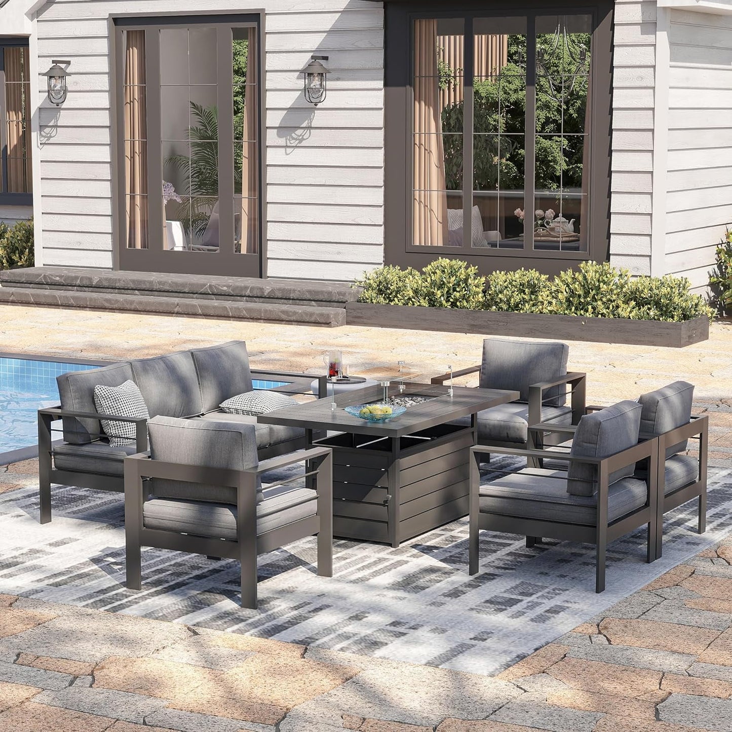 Mayincolor Aluminum Patio Furniture Set with Fire Pit Table, 5 Piece Metal Outdoor Furniture with Water-Resistant Cushions, Modern Patio Conversation Set for Balcony, Front Porch, and Backyard, Grey
