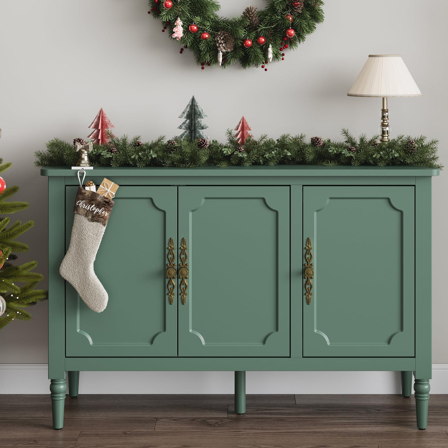 May in Color Storage Cabinet with 3 Doors, Mid-Century Sideboard Cabinet with Adjustable Shelves, Wood Buffet Cabinet with Turned Legs, Accent Cabinet for Entryway, Living Room, Dining Room, Green