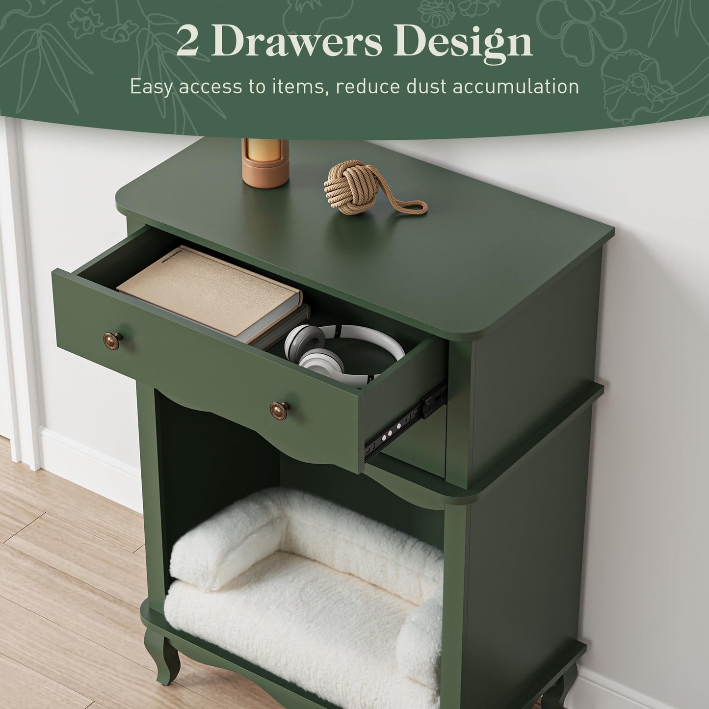 Superjoe 2 Drawer Dresser with Open Space, Dresser Chest of Drawer for Bedroom, Multifunctional Tall Dresser, Wood Storage Chest of Drawers Storage Cabinet for Living Room, Entryway, Hallway, Green