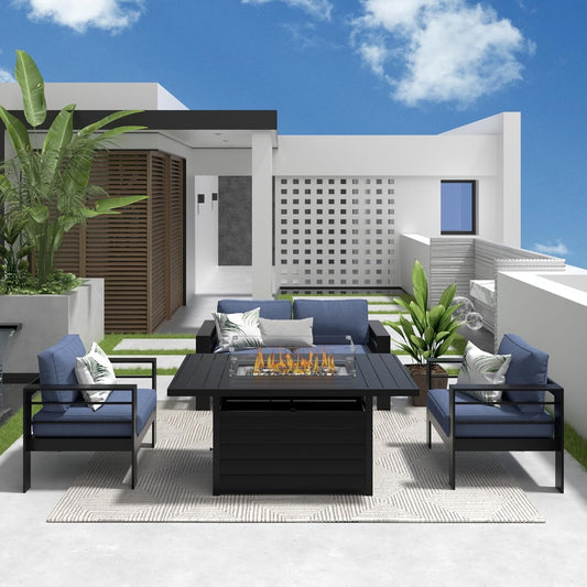 Superjoe Outdoor Furniture Set w/CSA Certified 54in Propane Gas Fire Pit Table, 4 Seats Aluminum Patio Conversation Sofa with 5in Olefin Cover Cushions, Black/Blue