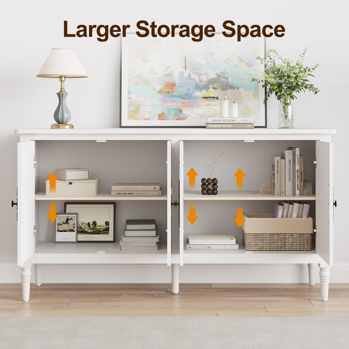 May in Color Sideboard, 58'' Mid Century Modern Storage Sideboards with 4 Doors and Adjustable Shelves, Console Table for Entryway, Dining Room, Living Room, White