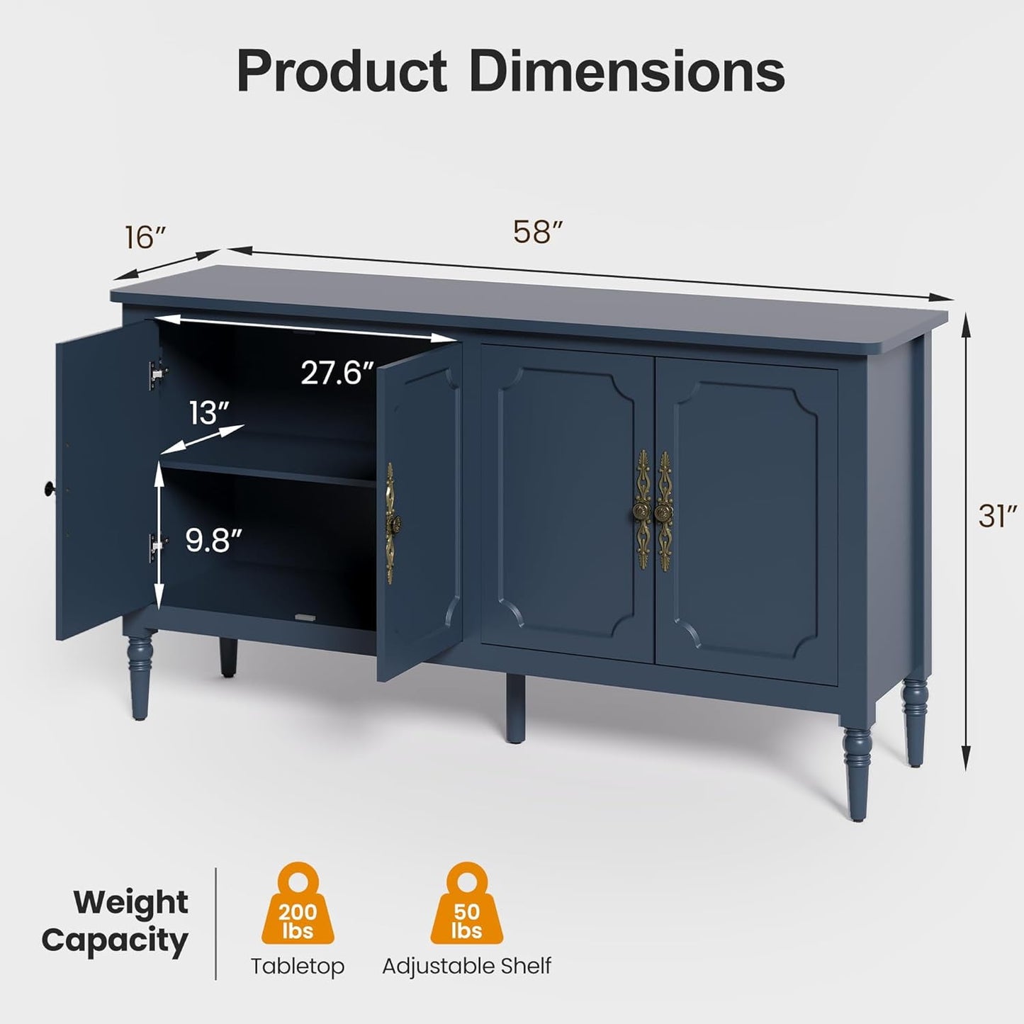 May in Color Console Cabinet, 58'' Wood Sideboard Buffet Cabinet with Storage & 4 Doors, Mid Century Modern Pantry Cabinet for Entryway, Living Room, Bedroom, Dining Room, Blue