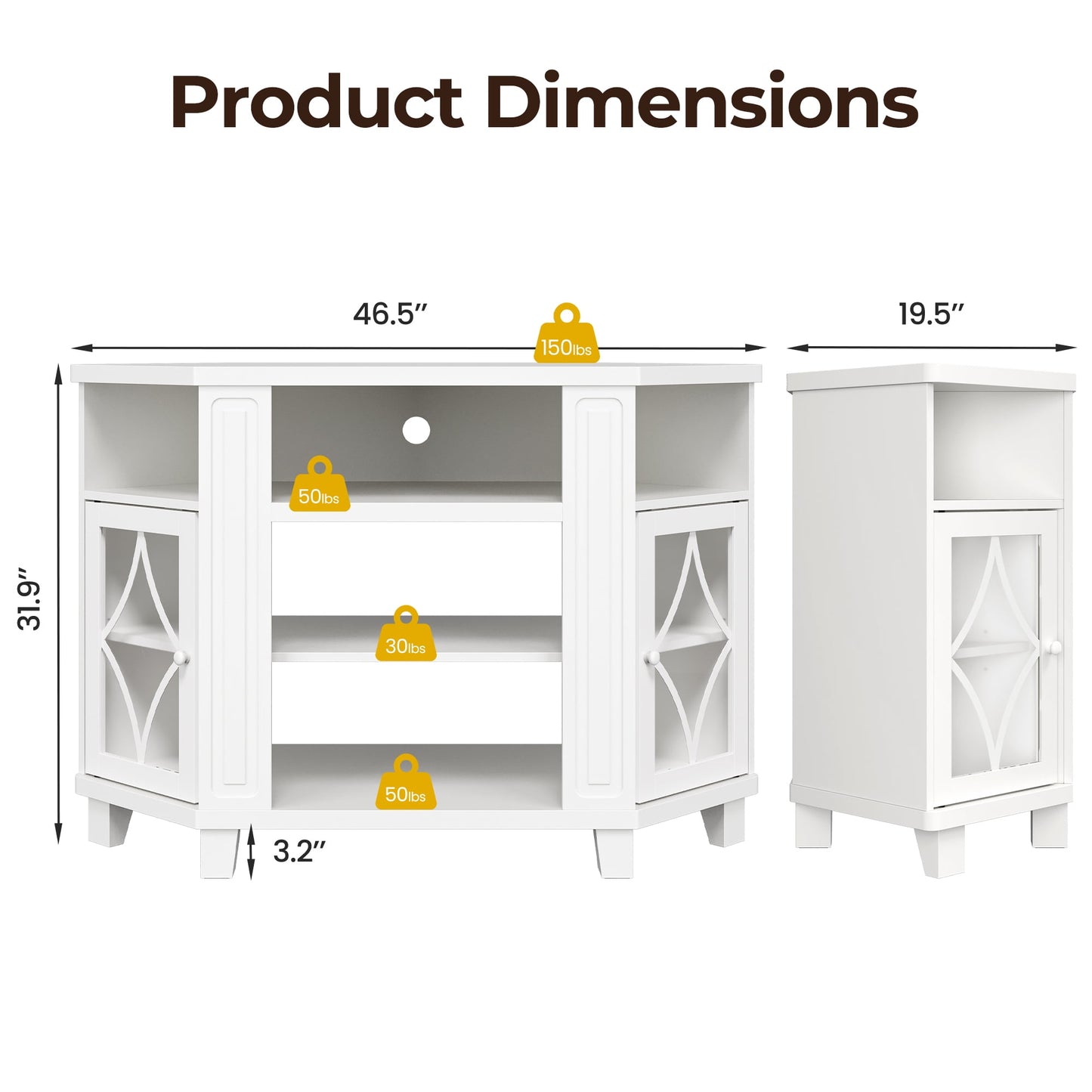 RoyalCraft Corner TV Stands for TVs up to 55'', Media Console Table with Adjustable Shelves, Acrylic Doors with Double-Diamond Design, Wood Modern Entertainment Center for Living Room Bedroom, White