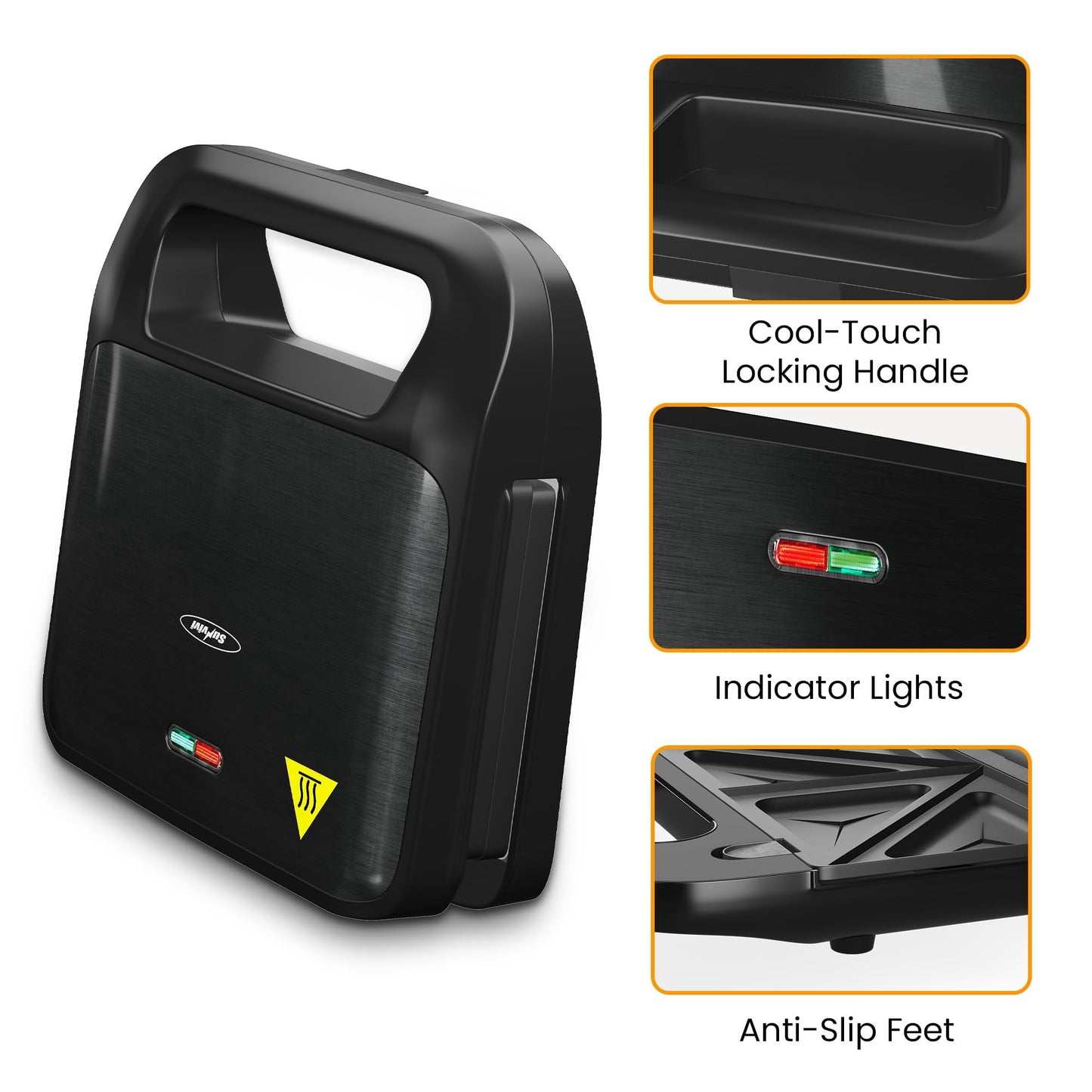 Royalcraft 3 in 1 Electric Sandwich Maker with Removable Non-Stick Plates, Indicator Lights & Cool Touch Handle, 750W, Black