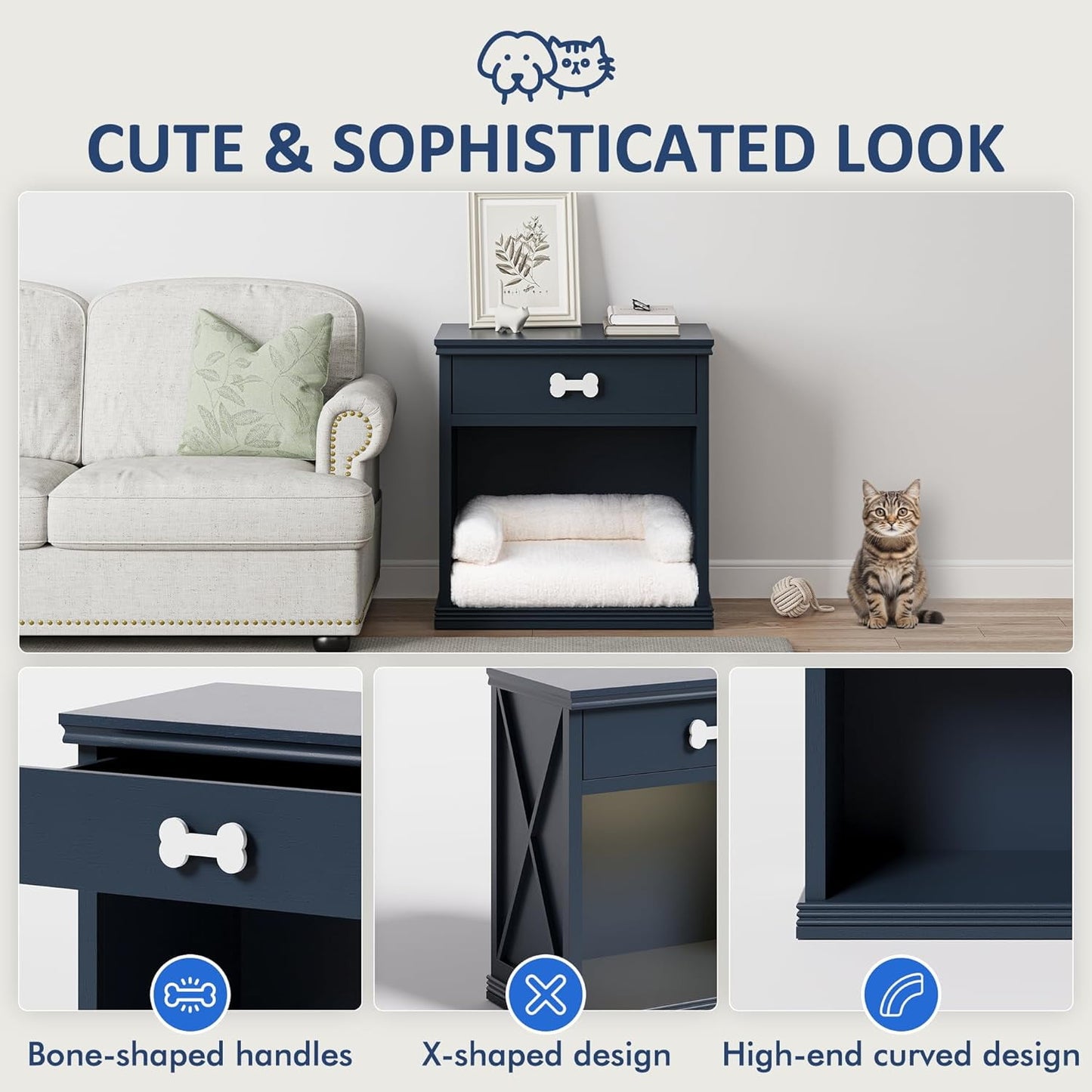 Royalcraft Vintage Small Storage Cabinet with Led Light, Hidden Cat Litter Box with Drawer and Semi-Open Space, Multi-Functional Nightstands with Pet House for Living Room, Bedroom, Blue
