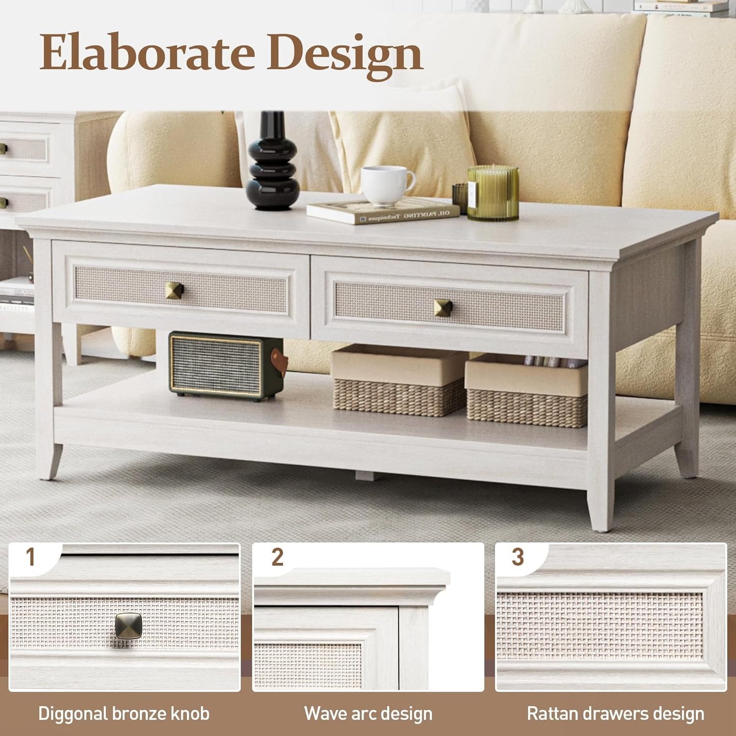 Superjoe 44" Rattan Farmhouse Grey Table with 2 Drawers, Boho 2 Tier Tea Table, Accent Center Sofa Table with Storage Shelf, Grayish White