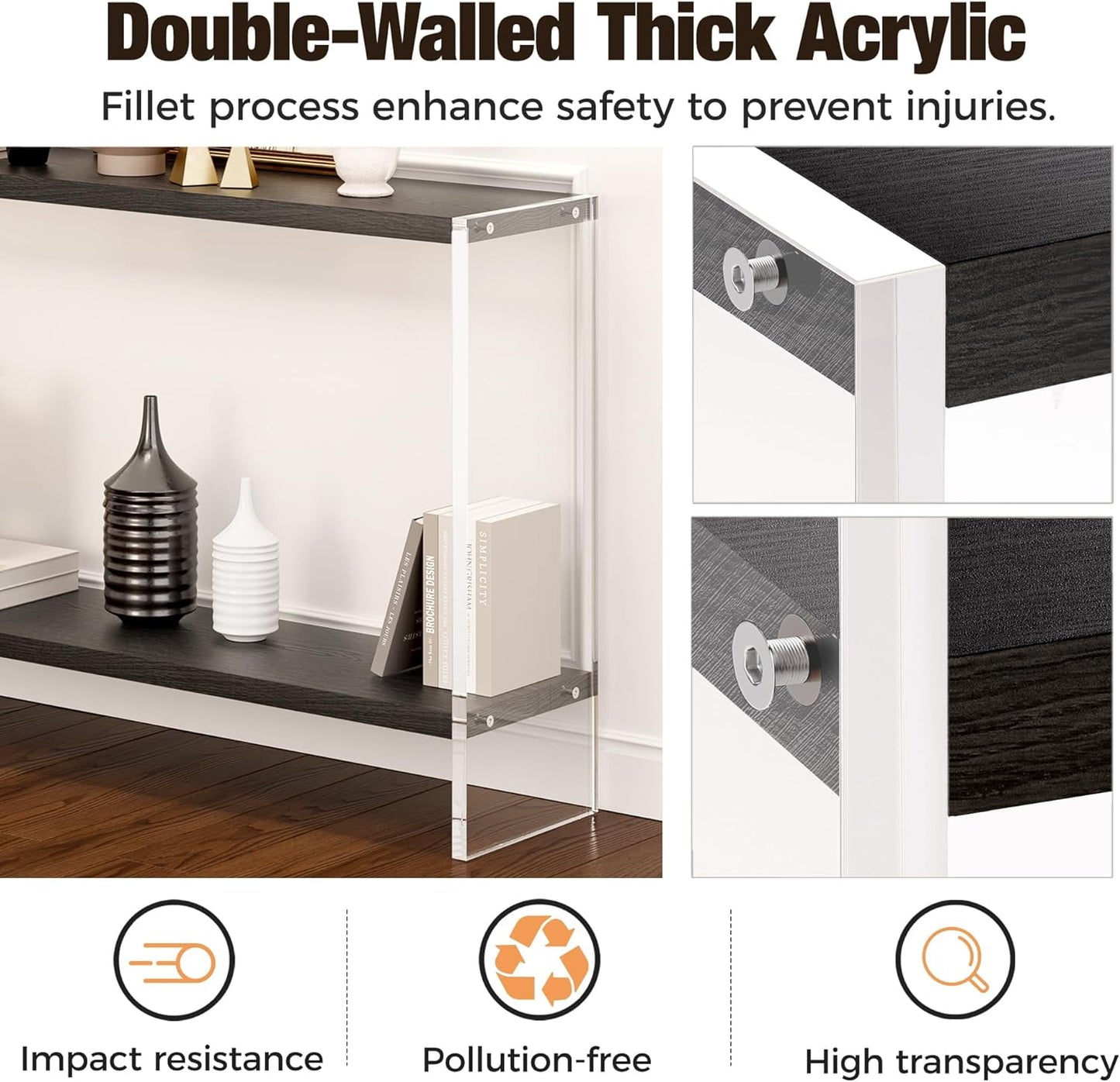 Acrylic Console Table, 47.24" Modern Entryway Table with Storage Shelf, Clear Acrylic Doorway Table, 2-Tier Sofa Table for Living Room, Bedroom, Hallway, and Dining Room (Black)