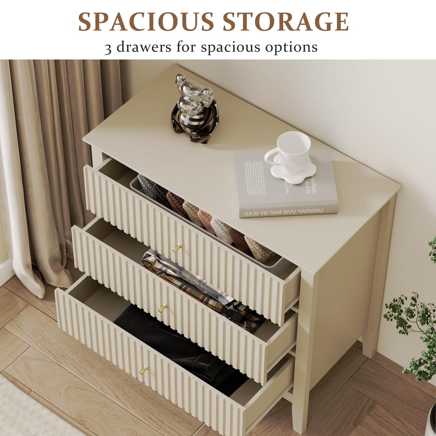 RoyalCraft Fluted 3 Drawer Dresser, Wide Chest of Drawers with Ball Bearing Slide Modern Nightstand Cabinet Wood Dresser with Spacious Storage for Bedroom, Hallway, Living Room, Entryway
