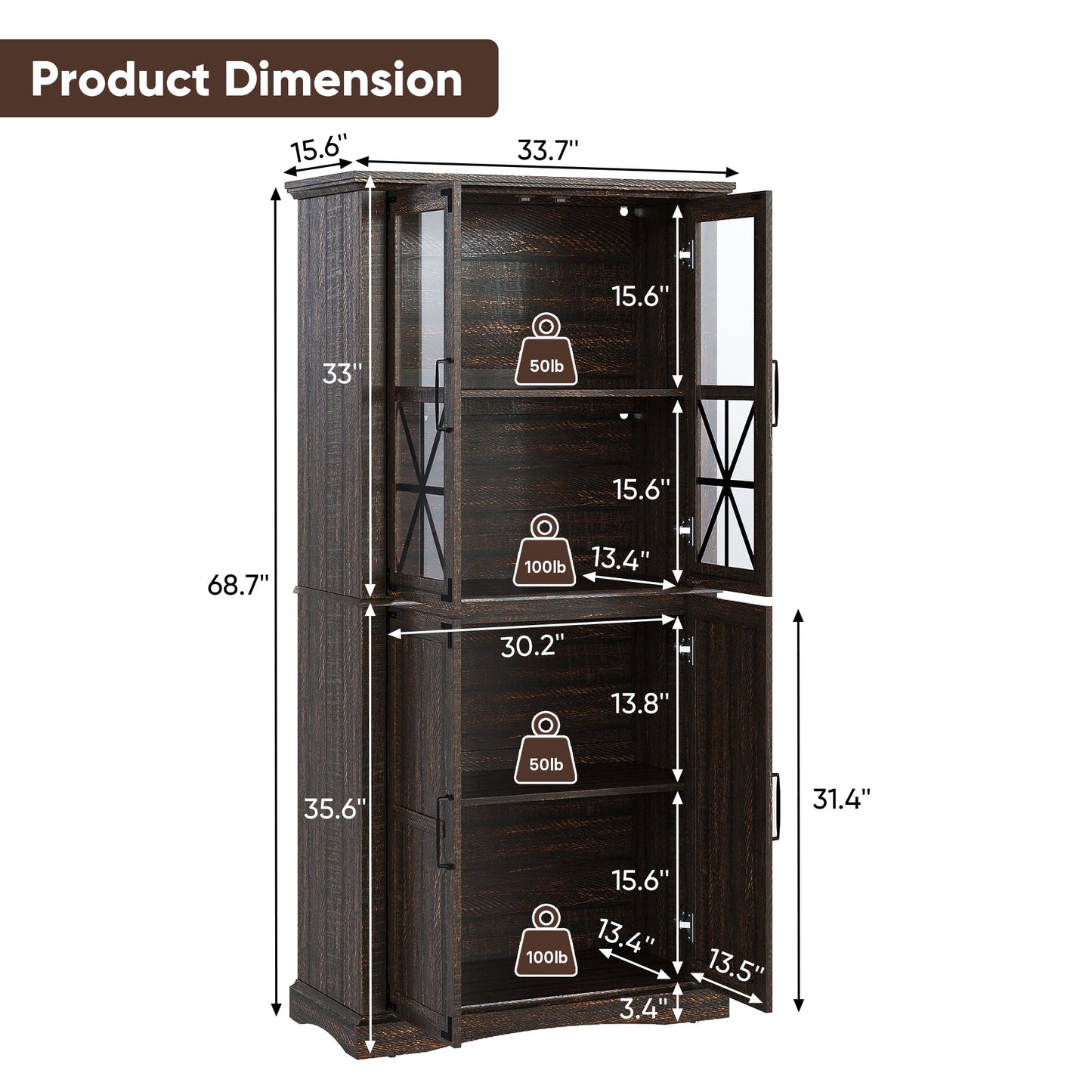 Royalcraft 69'' Tall Farmhouse Storage Cabinet, Retro Display Cabinet with RGB Lights, Freestanding Kitchen Pantry Cabinet with 2 Glass Door Cabinets for Kitchen, Living Room, Home Office, Brown
