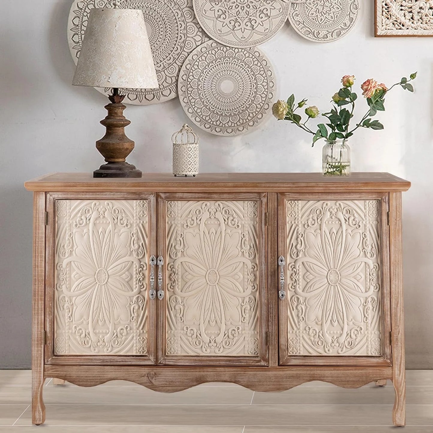 Royalcraft Accent Cabinet Rustic Storage Cabinet with 3 Carved Doors, Vintage Sideboard Buffet Cabinet with Shelves, Wood Entryway Cabinet for Kitchen, Dining Room, Living Room, Bedroom