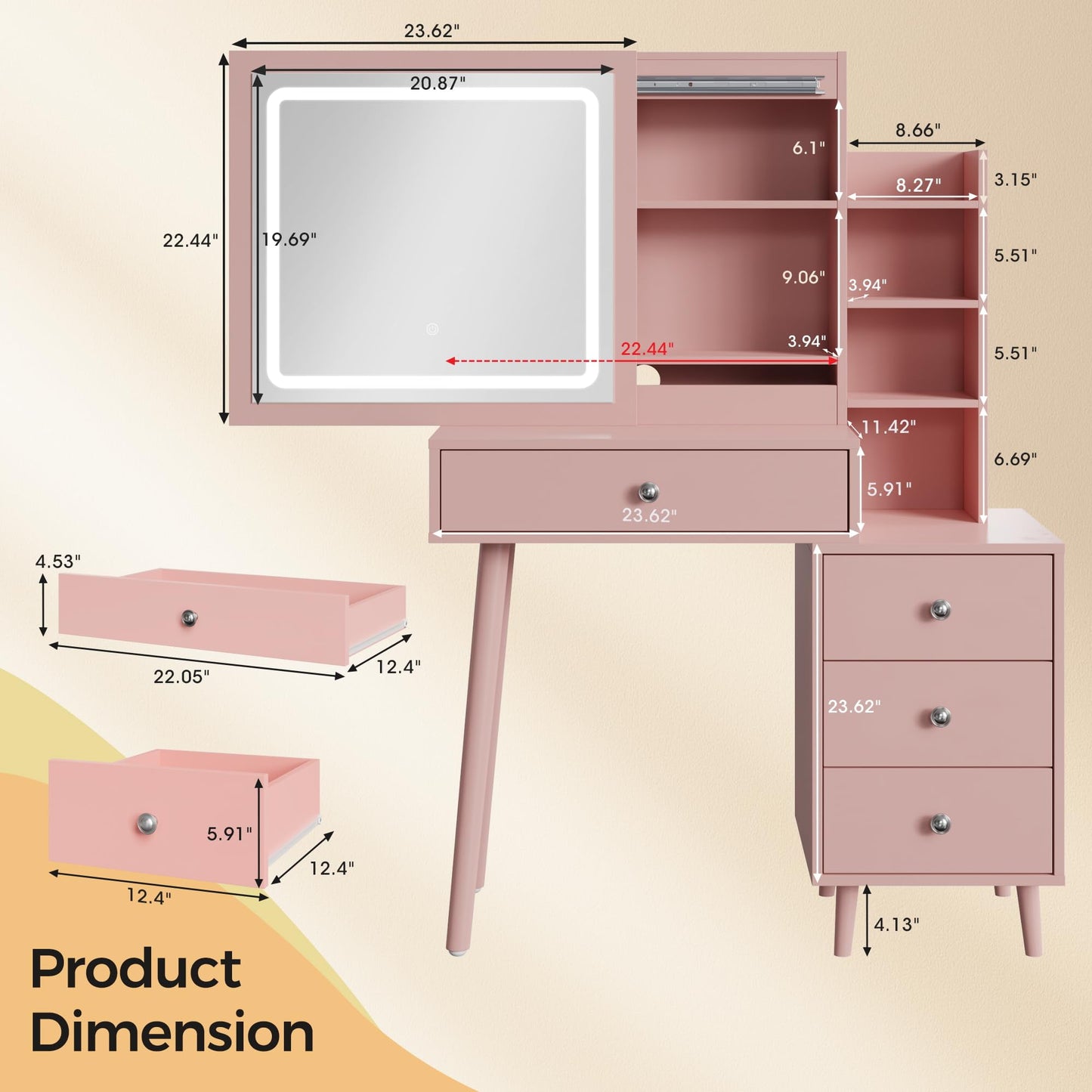 Superjoe Vanity Desk with Sliding Mirror and LED Lights, 2 in 1 Wooden Makeup Vanity Desk for Nightstand and Dressing Table, Compact Medium Makeup Table with Sliding Mirror for More Storage Space