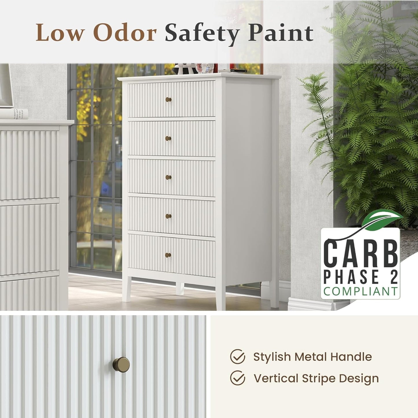 Superjoe Fluted 5 Drawers Dresser for Bedroom, White Tall Chest of Drawer with Silent Slide Drawers, Modern Wood Storage Cabinet for Living Room, Nursery, Hallway, Entryway