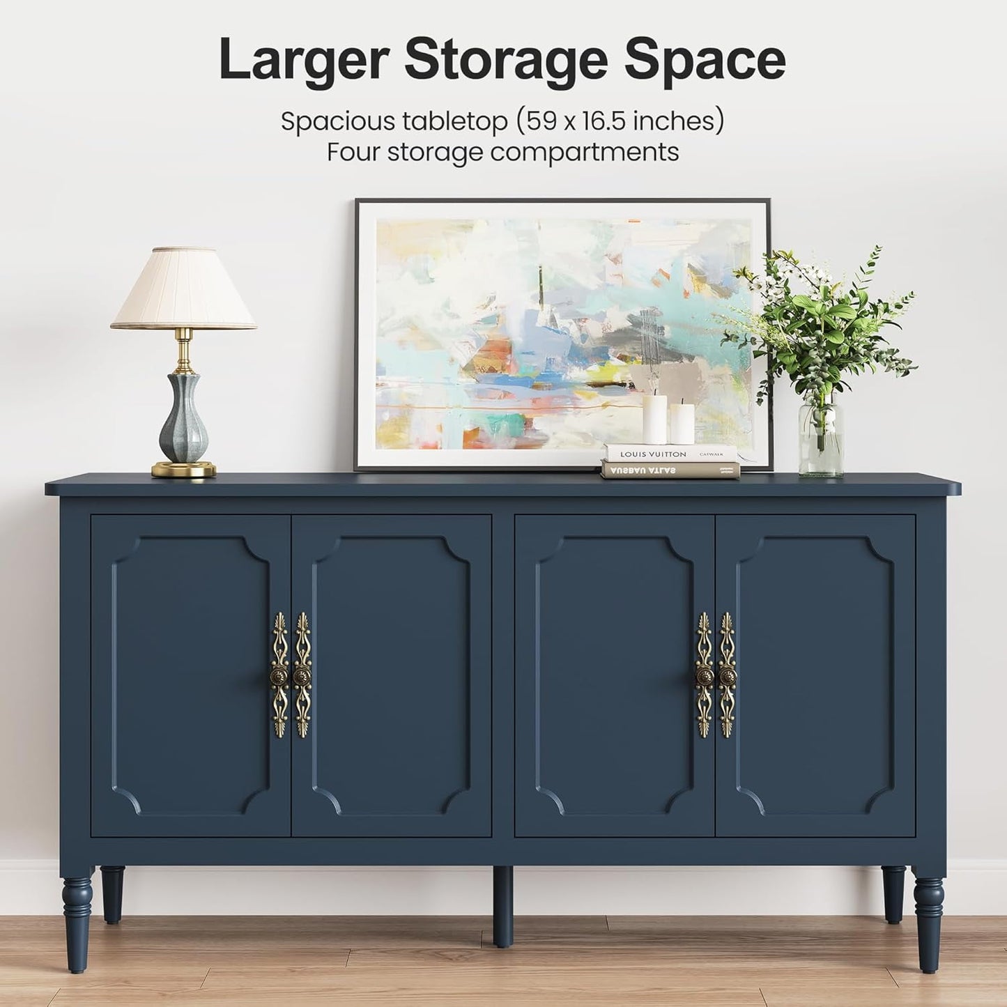 May in Color Console Cabinet, 58'' Wood Sideboard Buffet Cabinet with Storage & 4 Doors, Mid Century Modern Pantry Cabinet for Entryway, Living Room, Bedroom, Dining Room, Blue
