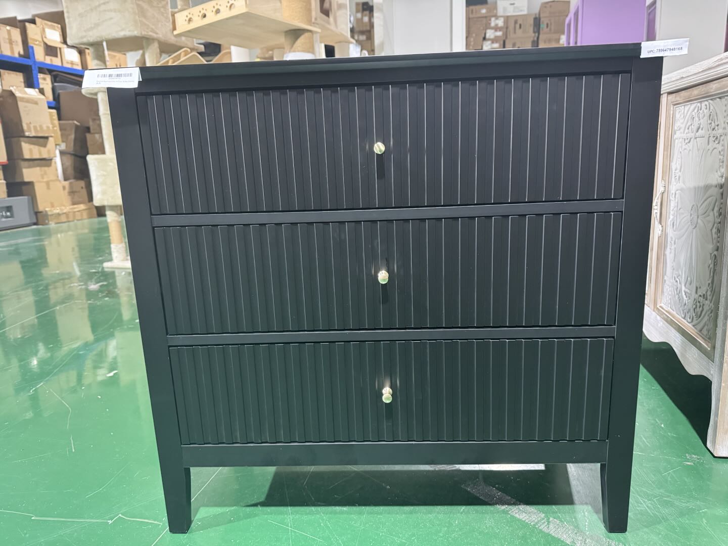 32" Black Fluted Dresser Nightstand, Wide Modern 3 Drawer Wooden Chest, Large Painted Storage Cabinet